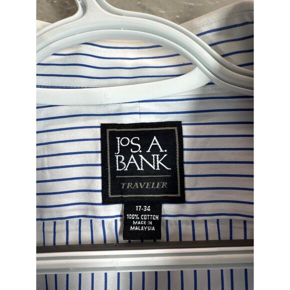 Jos A Banks Traveler Mens Cotton Striped Blue Dress Shirt Preppy Size 17 - 34 - Picture 3 of 4